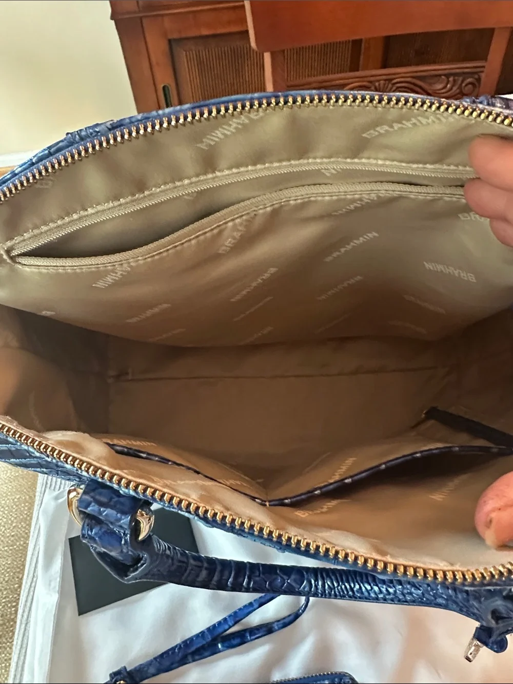 Brahmin large Duxbury blue with silver sheen mixed in  bag&wallet set